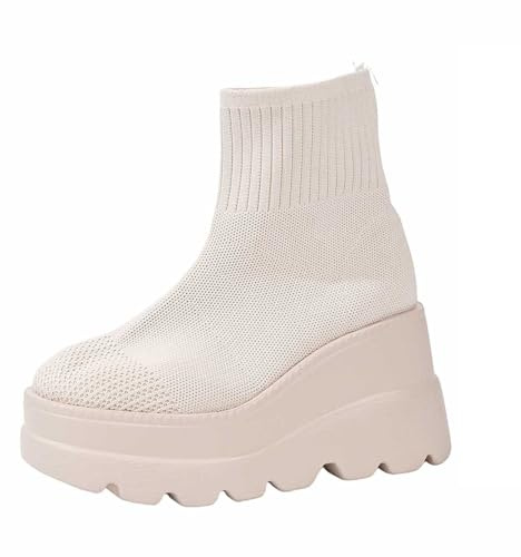 Generisch Botas elásticas de punto para mujer, botas de cuña, botas de ante para tobillo, botas Chelsea con plataforma, botas cortas con cremallera, botines para otoño e invierno, Blanco, 41.5 EU