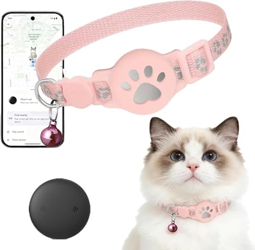 Collier GPS Chat, 2026 Nouveau Traceur GPS Chat Tracker, sans Carte SIM, sans Abonnement Mensuel, Localisation Temps Réel, Imperméable et Durable (Rose)