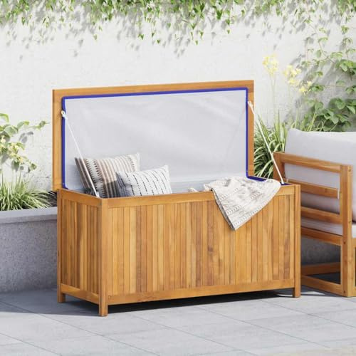 ACAGALA Scatola da giardino in legno, 114 x 50 x 58 cm, con tasca interna impermeabile e prese d'aria, per terrazze, giardino, balcone, legno massiccio teak