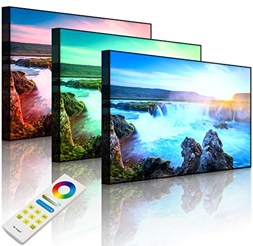 Lightbox-Multicolor | Wandbeleuchtung LED Bild | Idyllische Wasserfälle bei Sonnenuntergang | 100x70 cm | Front Lighted