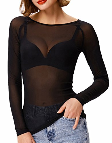 Kate Kasin Womens Crew Neck Mesh Top, Long Sleeve Sheer Tops, Basic See Through Blouse Layering Black L
