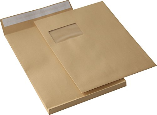 1000 St. DIN C4 Faltenversandtaschen mit Fenster braun Stehboden und 20 mm Falte 130 gr. Kuvert 229x324x20 mm Haftklebend Briefumschläge HK Briefhüllen