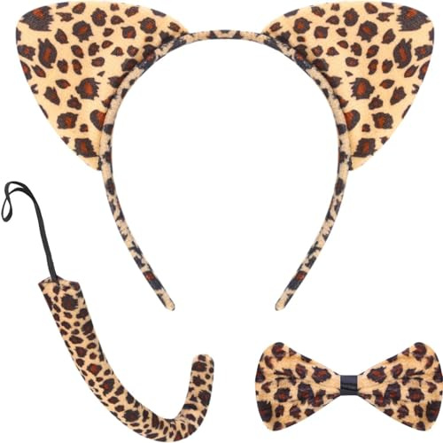 3 Pcs Ears Headband Set for Kids Ears Tail Bow Tie Animal Dress Set Carnival Party Decoration Costume Accessory (Leopard)