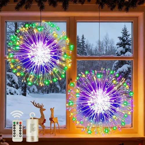 Joycome Fuochi d'Artificio 2 Pezzi 198 LED Fata Luci a Batteria, 8 Modalità Luci della Stringa con Telecomando, Timer, IP65 Impermeabile Appendere le Luci per Esterno Natale Giardino (Multicolore)