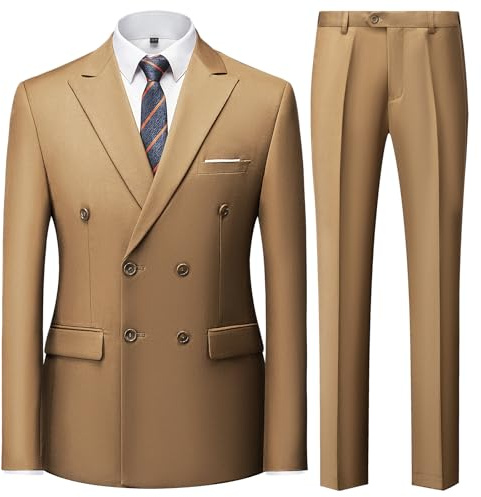 Men's 3 Piece Suit Slim Fit Double Breasted Tuxedo Suits for Men Solid Blazer Pants Vest Suit Set for Wedding Casual Business Khaki Large