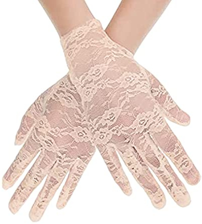 SamHeng Women Short Elegant Lace Gloves, Ladies Beige Floral Lace Gloves Vintage Opera Gloves 1930s Gloves for Women Ladies and Girls Evening Wedding Tea Party Prom Cosplay