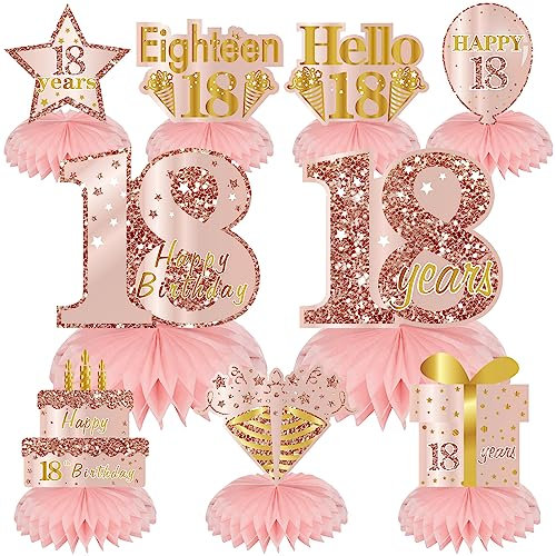 Rosa Rose Gold 18. Geburtstag Wabenaufsätze Dekorationen für Mädchen, 9 Stück Rose Gold Happy 18th Birthday Tischaufsätze Partyzubehör, achtzehn Jahre alter Geburtstag Tischaufsätze Schild Dekor
