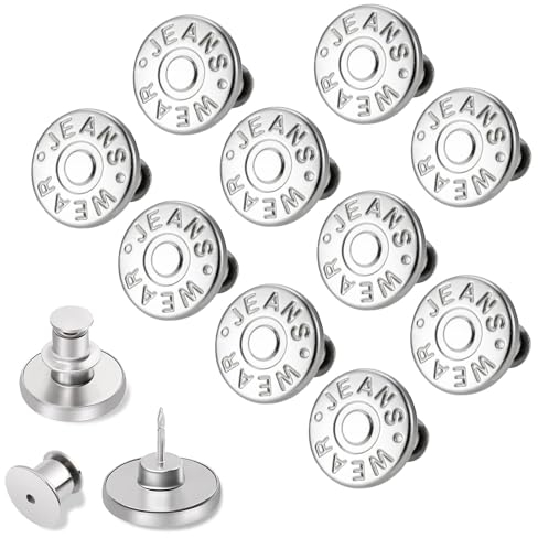 10 Stück Jeans Knöpfe Ohne Nähen, 17mm Button Pins, Knöpfe Hosen Enger Machen, DIY Jeansknopf, Hosen Enger Machen, zum Reduzieren der Hosengröße (Silber 1)