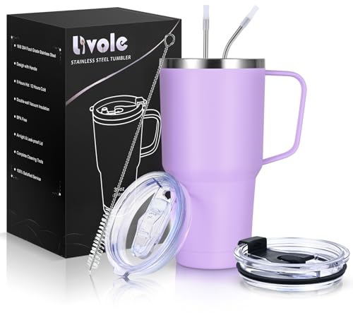 Livole Termosmugg på 900 ml, dubbelväggig med sugrör och handtag, rostfritt stål isolerad campingmugg med handtag, handtag, kaffemugg to go termo, dryckesmugg för kaffe, cocktail, ljuslila