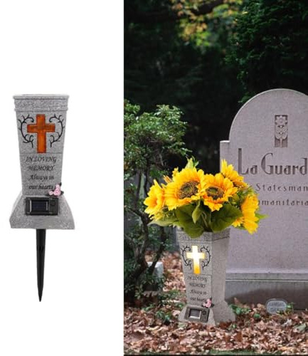 YLSMILE Cemetery Vase with Solar Cross LED, Decorations for Grave, Headstones Vases for Fresh/Artificial Flowers, Memorial Gifts