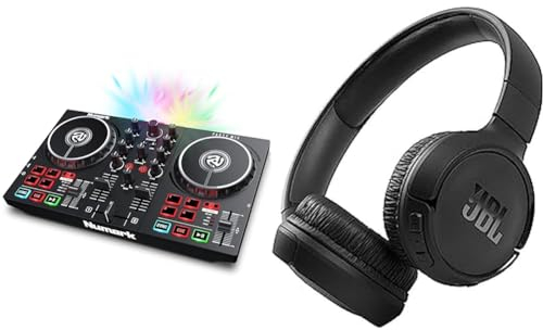 Numark Party Mix II – DJ Controller Pult mit 2 Decks, eingebauten DJ-Lichtern & DJ-Mixer & JBL Tune 510BT – Bluetooth Over-Ear Kopfhörer in Schwarz