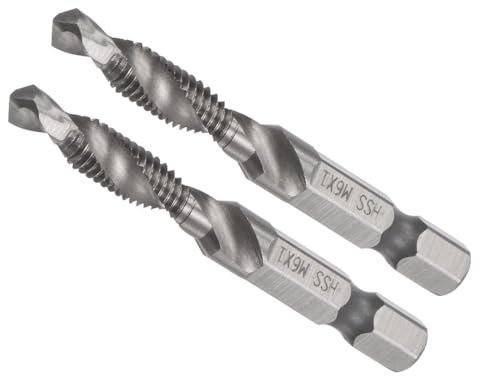 CoCud Combination Drill and Tap Bit, M6 x 1 Thread Size 1/4 Hex Shank, 4341 Uncoated High Speed Steel Tools - (Applications: for Aluminum Stainless Steel Plastic), 2-Pieces