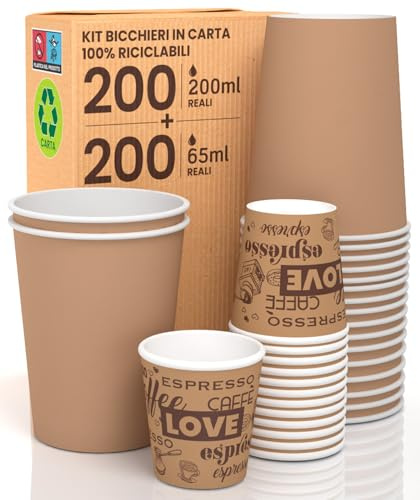 Kit 200 Bicchieri in Carta Avana 200ml da Asporto Bevande Calde e Fredde + 200 Bicchierini in Carta Fantasia Love Brown Cup 65ml per Caffè Eco Mix 3 Ecologici Biodegradabili Monouso