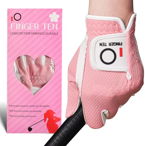 FINGER TEN Womens Golf Glove Right Handed Golfer Left Hand 1 Pack Golf Gloves Rain Grip Hot Wet All Weather Mesh for Women Girls Ladies Small Medium Large (Pink, Medium (Worn On Left Hand))