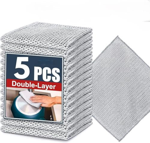 VIZAG Wire Dishwashing Rag for Wet and Dry, Non Scratch Wire Dishcloth, Double Stainless Steel Scrubber, Multipurpose Wire Dishwashing Rags for Cookware, Sinks, Dishes, (5)