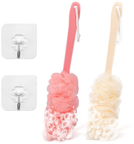 Confezione da 2 spugne per la schiena in luffa da doccia con manico lungo, luffa 43 cm su un bastone, spugna esfoliante per spazzole da bagno (beige e rosa)