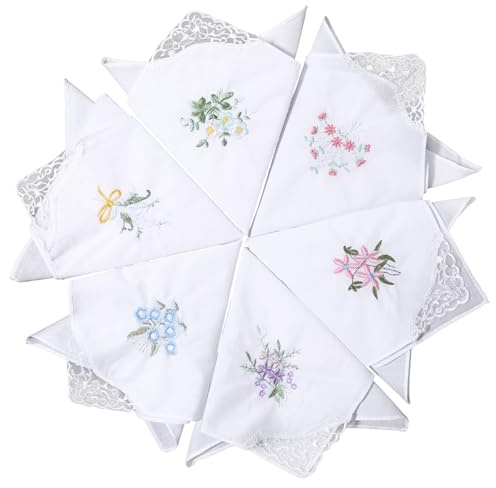 Ptwola Pañuelos para mujer, 6 unidades, bordado de flores con encaje, estilo vintage, con borde ondulado, pañuelo cuadrado para boda, tarde, fiesta de té, suministros decorativos diarios
