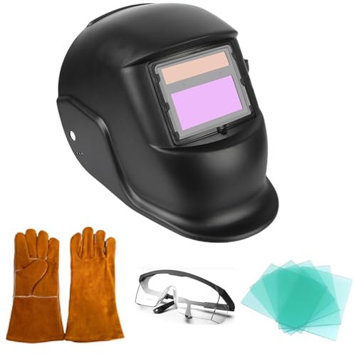BARAC Casco para soldar, Careta de Seguridad Ojos Oscurecimiento automático, Máscara Solar fotoeléctrica con protección UV para Trabajos de Soldadura ARC TIG MIG (Careta + Guantes)