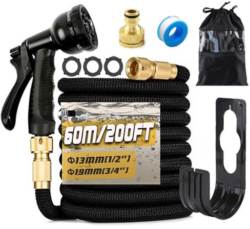 200FT/60M Expandable Garden Hose Flexible Magic Garden Hose Pipe with 3/4 1/2 Fittings, 8 Function Spray Nozzle, 3-Layer Latex Tube (Black)