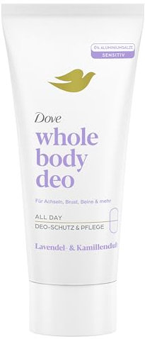 Dove Whole Body Deo Lavendel- & Kamillenduft Deocreme mit 0% Aluminiumsalze für Achseln, Brust, Beine und mehr 75 ml