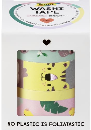 folia 26457 - Washi Tape WILDLIFE, 4 x 5 m, Klebeband aus Reispapier, Hotfoil in 4 tierischen Designs, zum Basteln, Verzieren und Dekorieren