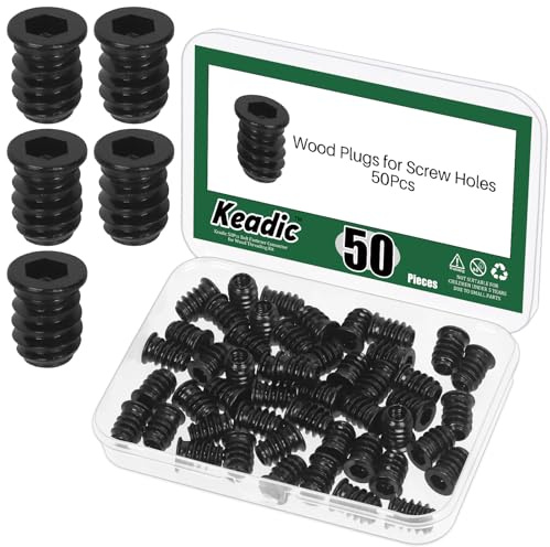 Keadic 50Pcs M6 x 15mm Threaded Inserts Nuts, Black Zinc Plated Carbon Steel Hex Socket Drive Wood Insert Nuts, Screw-in Fasteners for Wood Furniture Repair & Assembly