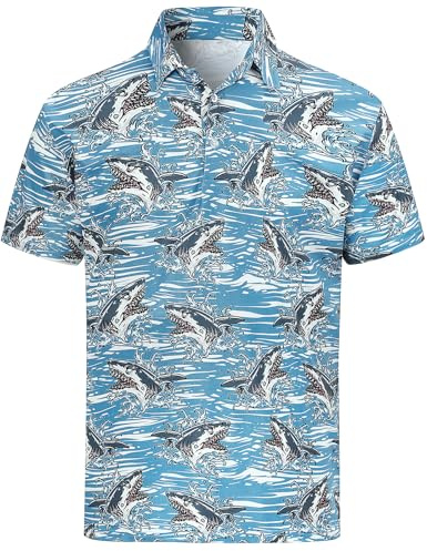 COSAVOROCK Haj-Tröjor Herrpolotröja Kortärmad Hawaii-Tryckt Dräkt, Blå, L