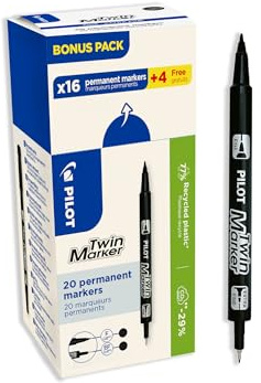 PILOT - Set di 20 Twin Marker - Pennarello Permanente 2 in 1 - Doppia Punta Fine ed Extra-Fine - Tratto Ultra Preciso per Più Superfici - In Plastica Riciclata - Nero