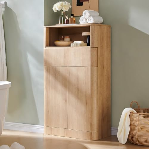 ACCOHOHO Modern Minimalist Bathroom Cabinet with Adjustable Shelf, Sliding Drawer and Magnetic Push Latch, Wooden Storage Cabinet for Bathroom, Living Room and Kitchen, Natural Oak