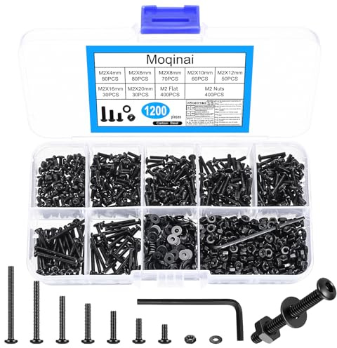 1200 Pièces M2 Vis Set Noir, Vis à Tête Ronde Hexagonale Interne avec Écrous, Kit de Micro Vis Métriques de Précision, Assortiment de Vis et Rondelles avec Boîte de Rangement