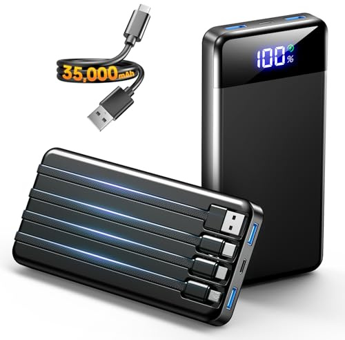 Portable Charger 35000mAh Power Bank - Powerbank with 4 Built in Cables, 22.5W Fast Charging Travel Camping Essential Battery Pack Compatible with iPhone 17 16 15 14 13 Samsung Google, 1 Pack