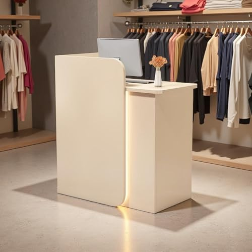 Modern Reception Desk with LED Light Strip & Curved Privacy Panel Lockable Drawers 6 Color Options Compact Front Desk for Salon Office Boutique (Cream)