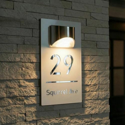 Números de Casa Exterior con Luz Solar LED, Placa de de Acrílico Impermeable con Grabado Láser 3D Personalizable, Letrero para Puerta Exterior zm (4 Tamaños, 16 Fuentes, 3 Colores)(Blanco-Plata)