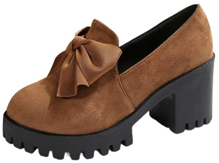 Elegant Women's Costume Traditional Chunky Heel Dancing Bridal Ballerina Shoes with Buckle Closure (Brown, 7.5)