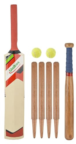Unibos | 2-In-1 Size 3 Cricket & Rounders Set – Complete Wooden Bat Set With Stumps, Bails, 2 Balls & Mesh Carry Bag – Family Garden Outdoor Game For Fun