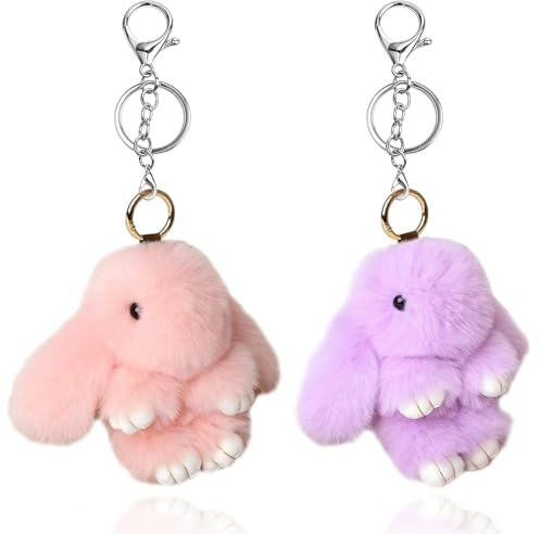 OPVXZAD Portachiavi Coniglietto di Pluh,Morbido Fluffy Coniglio Portachiavi Carino Peluche Coniglietto Keyring Anelli Faux Pelliccia Keychain Pompom (Rosa & viola)