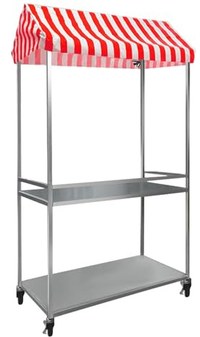 Glassautomatsvagn - Mobbningsbar Stall Display Stand på hjul med randig baldakin för marknadsliv och evenemang