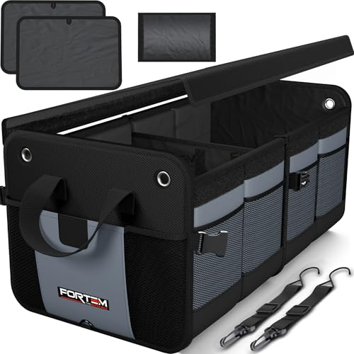 FORTEM Car Boot Organiser- Collapsible Car Organiser & Storage Bag for SUVs | Car Accessories for Men & Women, Storage Bag, Non Slip Bottom, Straps, Soft Cover, 1680D Oxford, 3 Compartments, Grey, 65L