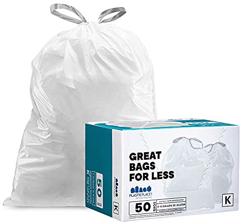 Plasticplace Custom Fit Bin Bags for Simplehuman Code K, 10 Gallon, White Drawstring Rubbish Bags, Tear-Resistant, 24 x 28, 50 Count, Compatible with Kitchen, Bathroom, Office Rubbish Bins 1.2 Mil