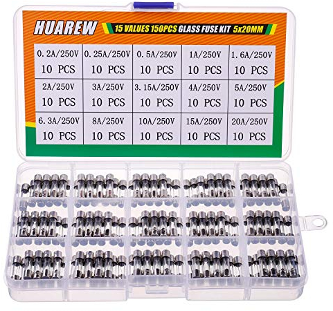 HUAREW 15 Values 150 Pcs 5x20 mm Fast Blow Glass Fuses 0.2x0.78 Inch 250V volt 0.2 0.25 0.5 1 1.6 2 3 3.15 4 5 6.3 8 10 15 20A amp Assortment Kit