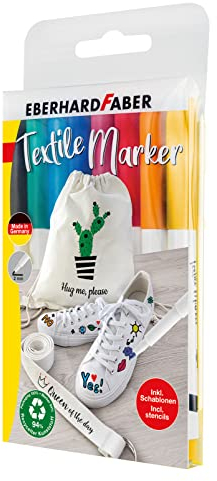 Eberhard Faber 578208 - Textilmarker mit Schablonen, 8 Textilstifte waschmaschinenfest