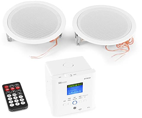 Power Dynamics BTW30SET - Système Audio Mural avec Deux Enceintes de Plafond 5, Cable de 5 Mètres, 15 Watts, Blanc, Installation Facile, Tuner FM et Port USB, Ampli Classe D