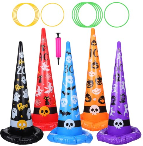CLISPEED Ring Toss Game Set, 16 Pcs Halloween Inflatable Witch Hats Toss Game with Air Pump and Plastic Rings for Kids Family School Outdoor Indoor Carnival Party Favor Halloween Toss Toys
