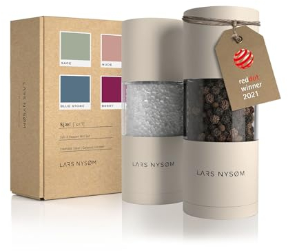LARS NYSØM Salz und Pfeffermühle Set aus Edelstahl mit einstellbarem Keramikmahlwerk I Pfeffermühle und Salzmühle I Manuelle Gewürzmühlen (2 Stück) (Almond Beige)