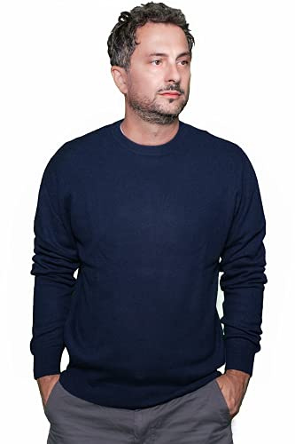 Capri Cashmere Uomo 100% Puro Cashmere Pullover Girocollo - Peso Invernale (Blu, L)
