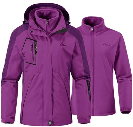 YSENTO Chaqueta de esquí 3 en 1 para mujer, chaqueta de forro polar, impermeable, resistente al viento, cálida y funcional, para exteriores, con capucha desmontable