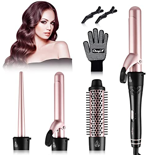 CkeyiN Lockenstab Set 4 in 1, mit Verschiedenen Aufsätzen 9-38mm, Lockenstäbe Keramik Lockeneisen mit Lockenbürste, große und kleine locken Curling Wand