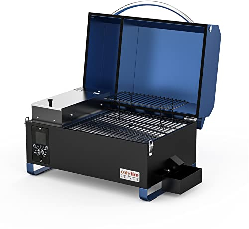 Onlyfire Upgraded Pellet Smoker BBQ Table Top Portable 8 in 1 Multi-Function Outdoor Barbecue Grill for RV Camping Tailgating with Auto Temperature Control, Meat Probe & 2 Tiers Cooking Area, Blue