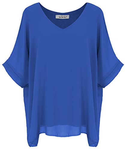 Van Der Rich ® - Blouse Ample en Voile Mousseline Col V Doublé Intérieur - Femme (Bleu Royal, XL-XXL)