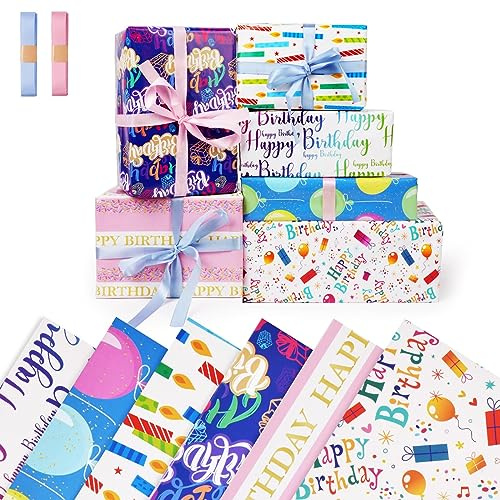 OFFCUP Papel de regalo para niños, reciclable, juego de papel de cumpleaños, papel de regalo, colorido, 6 hojas, 50 x 70 cm, papel de regalo con 2 paquetes de cintas decoración (carta)